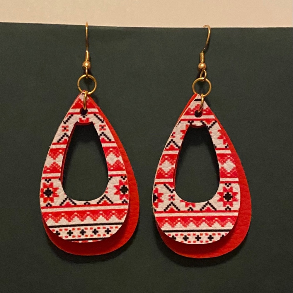 Handmade Faux Leather Earrings- Red & White